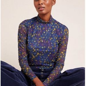 Anthropologie Patterned Mesh Turtleneck Top Blue Size Medium